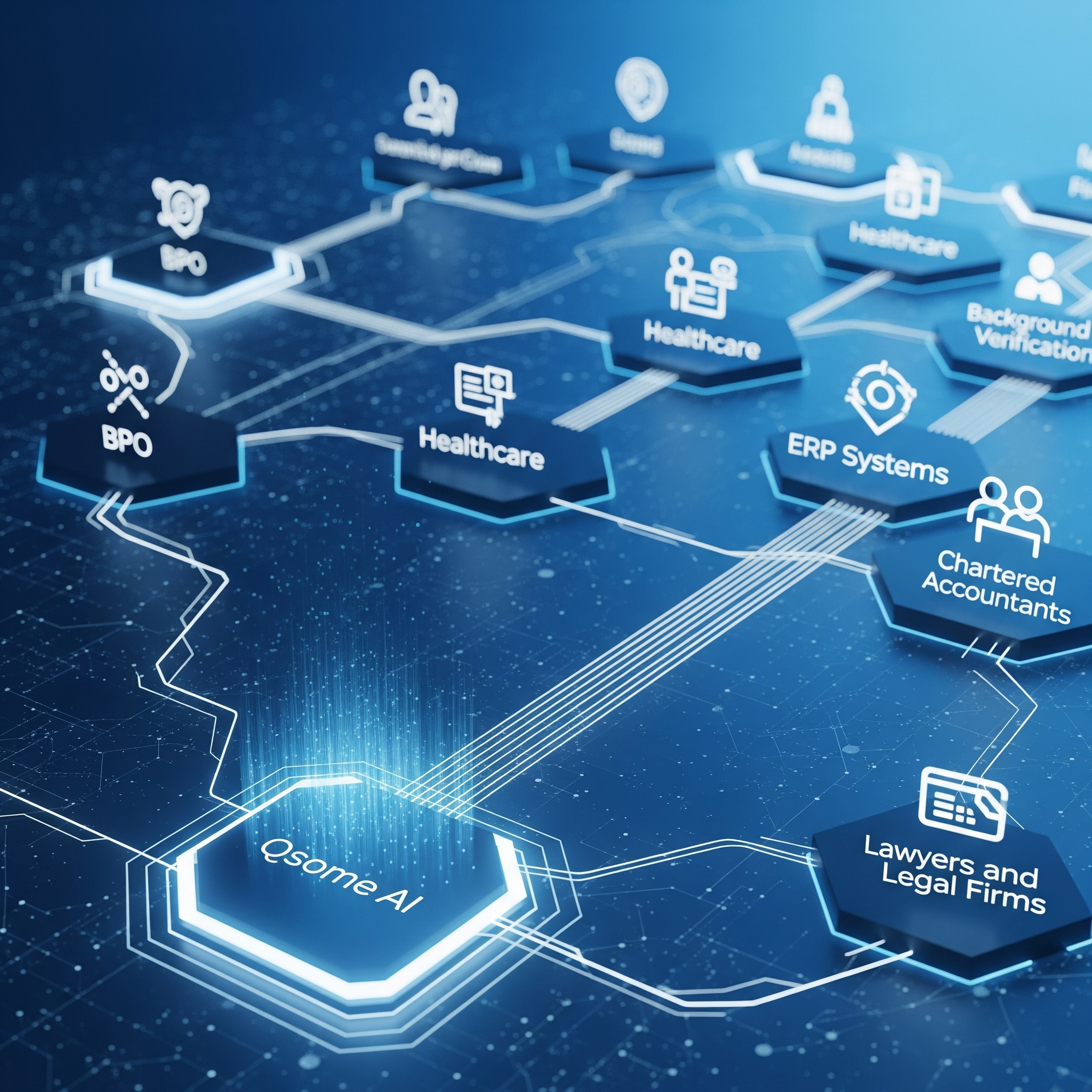 Illustration showing various business software icons (CRM, ERP, HRMS, Accounting) seamlessly connected by glowing lines representing Qsome AI's 'digital glue' automation.
